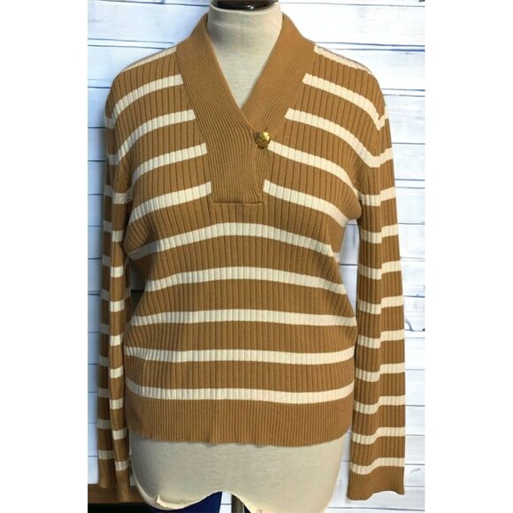 Lauren Ralph Lauren Sweaters - Lauren Ralph Lauren Sweater Womens Size XL Striped Brown White Button Accent